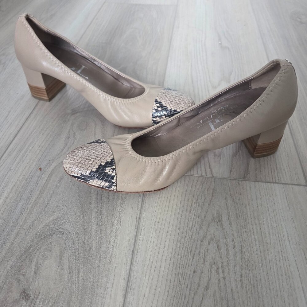 AGL Attilio Giusti Leombruni Snakeskin Cap Toe Pumps Block Heels Taupe 9/9.5 US